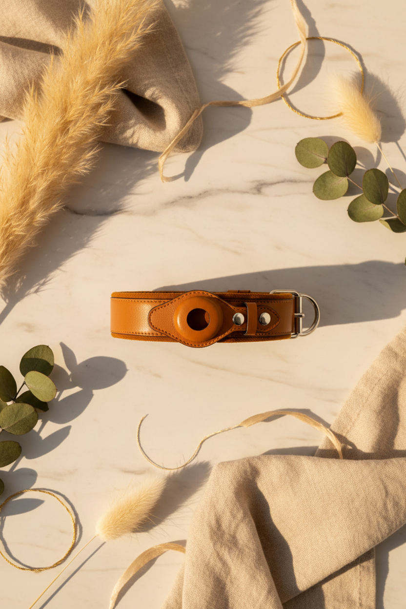 Collier Cuir AirTag Camel — Duchesse Paris