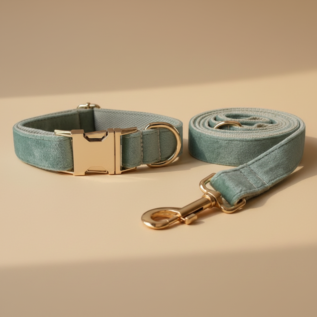 Collier & Laisse Velours Menthe — fond Duchesse