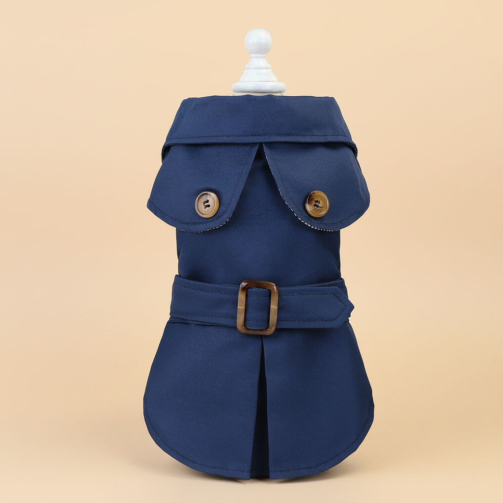 Trench coat chien bleu marine fond beige Duchesse